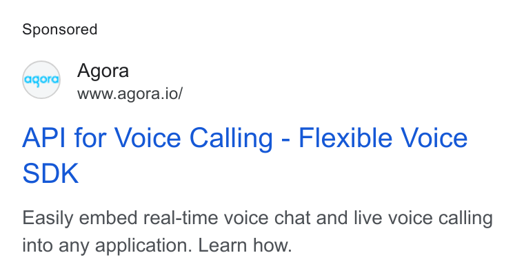 Agora ad on Google Ads: eqord Agora www.agora.io/ API for Voice Calling - Flexible Voice SDK Easily embed real-time voice chat and live voice calling into any application. Learn how.