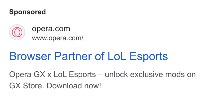 Opera ad on Google Ads: www.opera.com/ Browser Partner of Lo L Esports Opera GX x Lo L Esports — unlock exclusive mods on GX Store. Download now!