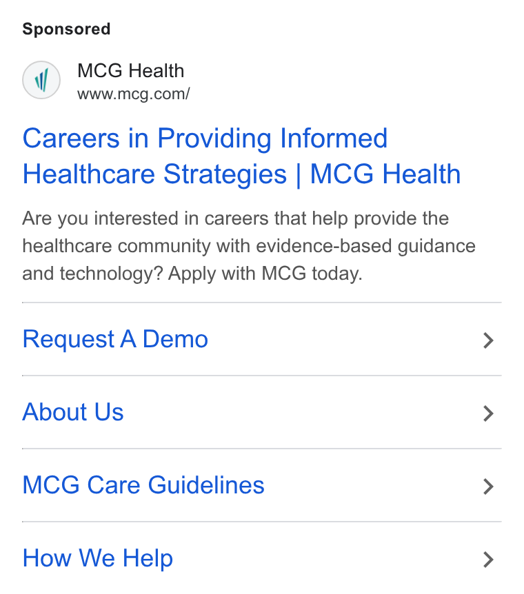 MCG Health ad on Google Ads: Careers in Providing Informed Healthcare Strategies | MCG Health Are you interested in careers that help provide the healthcare community with evidence-based guidance and technology? Apply with MCG today. Request A Demo About Us MCG Care Guidelines How We Help