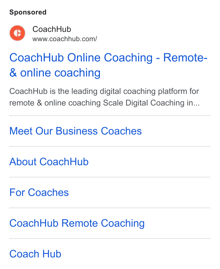 CoachHub ad on Google Ads: Coach Hub Online Coaching - Remote- & online coaching Coach Hub is the leading digital coaching platform for remote & online coaching Scale Digital Coaching in... Meet Our Business Coaches About Coach Hub For Coaches Coach Hub Remote Coaching Coach Hub
