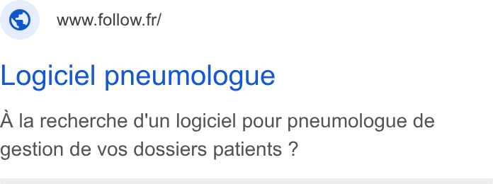 Follow Health ad on Google Ads: Logiciel pneumologue A la recherche d'un logiciel pour pneumologue de gestion de vos dossiers patients ?