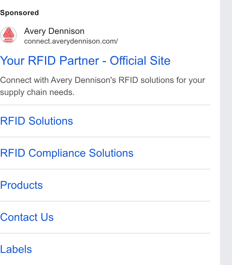 Avery Dennison ad on Google Ads: Your RFID Partner - Official Site Connect with Avery Dennison's RFID solutions for your supply chain needs. RFID Solutions RFID Compliance Solutions Products Contact Us Labels