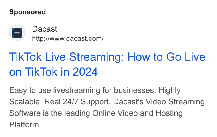 Dacast ad on Google Ads: Tik Tok Live Streaming: How to Go Live on Tik Tok in 2024 Easy to use livestreaming for businesses. Highly Scalable. Real 24/7 Support. Dacast's Video Streaming Software is the leading Online Video and Hosting Platform