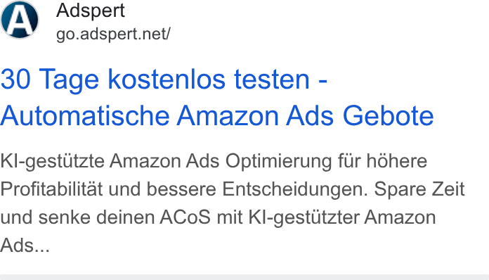 Adspert ad on Google Ads: 30 Tage kostenlos testen - Automatische Amazon Ads Gebote Kl-gestitzte Amazon Ads Optimierung fur hohere Profitabilitat und bessere Entscheidungen. Spare Zeit und senke deinen ACo S mit Kl-gestutzter Amazon Ads...