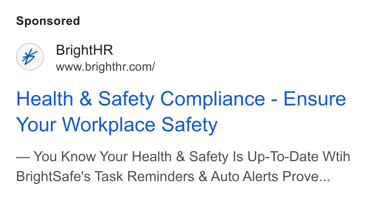 BrightHR ad on Google Ads: Health & Safety Compliance - Ensure Your Workplace Safety You Know Your Health & Safety Is Up-To-Date Wtih Bright Safe’s Task Reminders & Auto Alerts Prove...