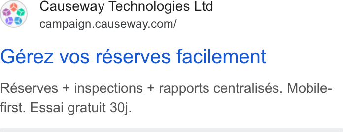 Causeway Technologies ad on Google Ads: Gerez vos reserves facilement Reserves + inspections + rapports centralisées. Mobile- first. Essai gratuit 30).