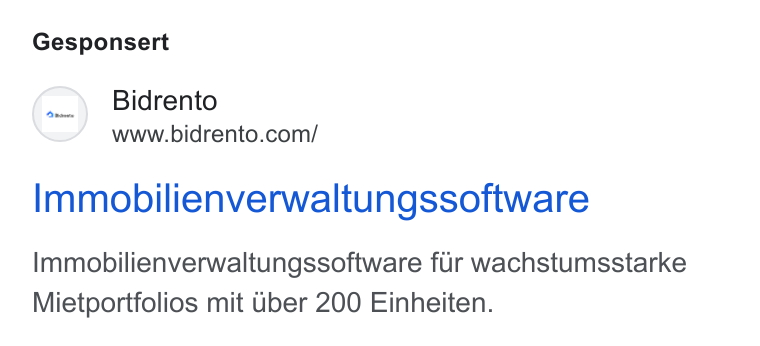 Bidrento ad on Google Ads: Gesponsert Ilmmobilienverwaltungssoftware Immobilienverwaltungssoftware fur wachstumsstarke Mietportfolios mit Uber 200 Einheiten.