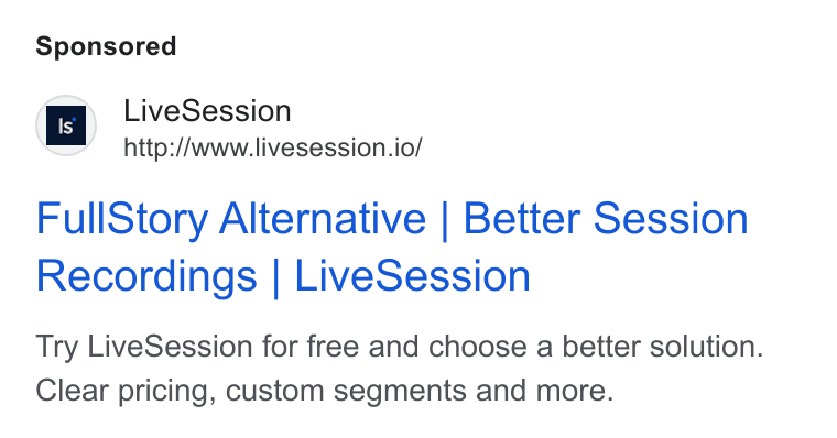 LiveSession ad on Google Ads: is | Live Session http://www.livesession.io/ Full Story Alternative | Better Session Recordings | Live Session Try Live Session for free and choose a better solution. Clear pricing, custom segments and more.