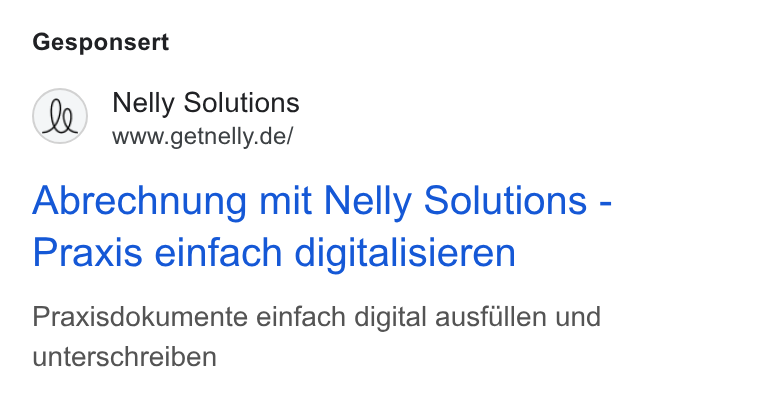 Nelly Solutions ad on Google Ads: Gesponsert Abrechnung mit Nelly Solutions - Praxis einfach digitalisieren Praxisdokumente einfach digital ausfillen und unterschreiben