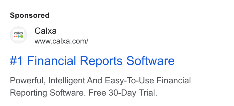 Calxa ad on Google Ads: #1 Financial Reports Software Powerful, Intelligent And Easy-To-Use Financial Reporting Software. Free 30-Day Trial.