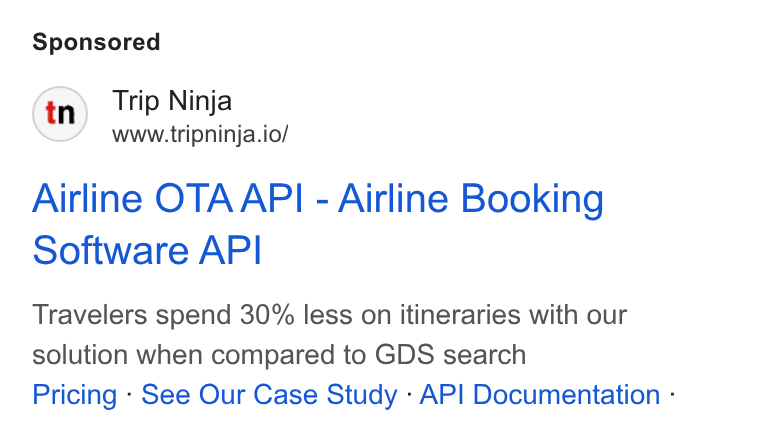 Web Travel Group ad on Google Ads: Trip Ninja www.tripninja.io/ Airline OTA API - Airline Booking Software API Travelers spend 30% less on itineraries with our solution when compared to GDS search Pricing - See Our Case Study - AP! Documentation -