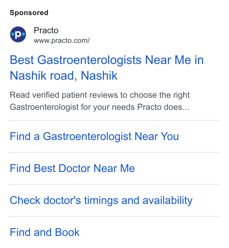 Practo ad on Google Ads: Best Gastroenterologists Near Me in Nashik road, Nashik Read verified patient reviews to choose the right Gastroenterologist for your needs Practo does... Find a Gastroenterologist Near You Find Best Doctor Near Me Check docior's timings and availability Find and Book