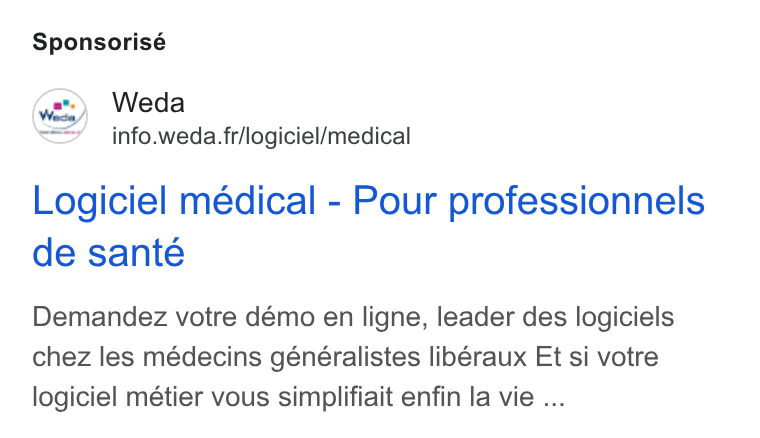 Weda ad on Google Ads: Sponsorisé Logiciel médical - Pour professionnels de sante Demandez votre démo en ligne, leader des logiciels chez les médecins généralistes libéraux Et si votre logiciel métier vous simplifiait enfin la vie ...