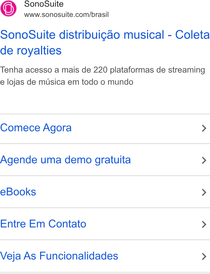 SonoSuite ad on Google Ads: Sono Suite distribuigao musical - Coleta de royalties Tenha acesso a mais de 220 plataformas de streaming e lojas de musica em todo o mundo Comece Agora > Agende uma demo gratuita > e Books > Entre Em Contato > Veja As Funcionalidades >