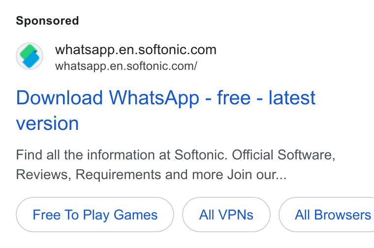 Softonic ad on Google Ads: whatsapp.en.softonic.com/ Download Whats App - free - latest version Find all the information at Softonic. Official Software, Reviews, Requirements and more Join our... Free To Play Games All VPNs )}( All Browsers