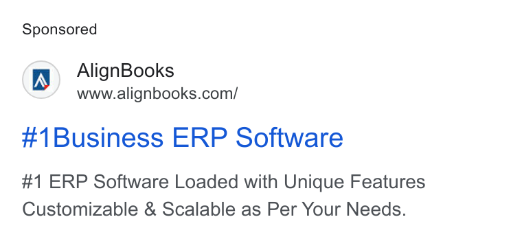 AlignBooks ad on Google Ads: #1Business ERP Software #1 ERP Software Loaded with Unique Features Customizable & Scalable as Per Your Needs.