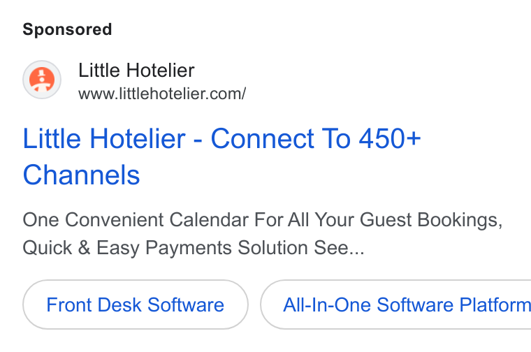Little Hotelier ad on Google Ads: Little Hotelier - Connect To 450+ Channels One Convenient Calendar For All Your Guest Bookings, Quick & Easy Payments Solution See... Front Desk Software ( All-In-One Software Platform