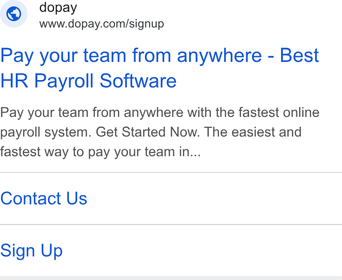 dopay ad on Google Ads: Pay your team from anywhere - Best HR Payroll Software Pay your team from anywhere with the fastest online payroll system. Get Started Now. The easiest and fastest way to pay your team in... Contact Us Sign Up