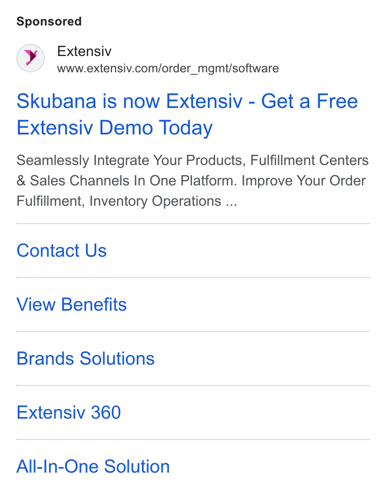 Extensiv ad on Google Ads: Skubana is now Extensiv - Get a Free Extensiv Demo Today Seamlessly Integrate Your Products, Fulfillment Centers Sales Channels In One Platform. Improve Your Order Fulfillment, Inventory Operations ... Contact Us View Benefits Brands Solutions Extensiv 360 All-In-One Solution