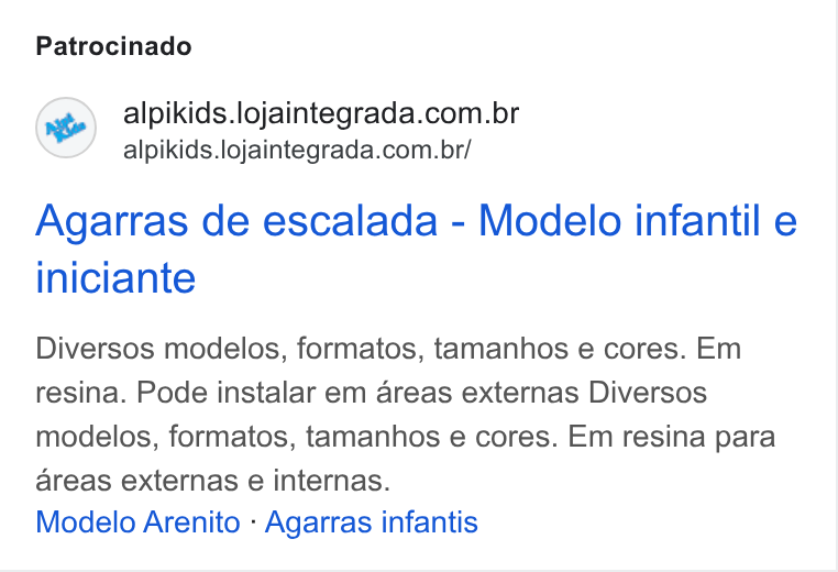 Loja Integrada ad on Google Ads: alpikids.lojaintegrada.com.br/ Agarras de escalada - Modelo infantil e iniciante Diversos modelos, formatos, tamanhos e cores. Em resina. Pode instalar em areas externas Diversos modelos, formatos, tamanhos e cores. Em resina para areas externas e internas. Modelo Arenito « Agarras infantis