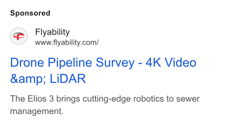 Flyability ad on Google Ads: Drone Pipeline Survey - 4K Video &amp; LIDAR The Elios 3 brings cutting-edge robotics to sewer management.