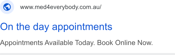 HotDoc ad on Google Ads: On the day appointments Appointments Available Today. Book Online Now.