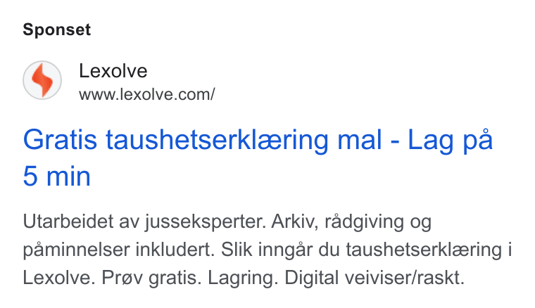 Lexolve ad on Google Ads: Sponset Gratis taushetserklzering mal - Lag pa 5 min Utarbeidet av jusseksperter. Arkiv, radgiving og paminnelser inkludert. Slik inngar du taushetserkleering i Lexolve. Prev gratis. Lagring. Digital veiviser/raskt.