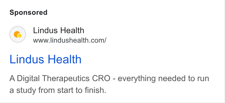 Lindus Health ad on Google Ads: Lindus Health A Digital Therapeutics CRO - everything needed to run a study from start to finish.
