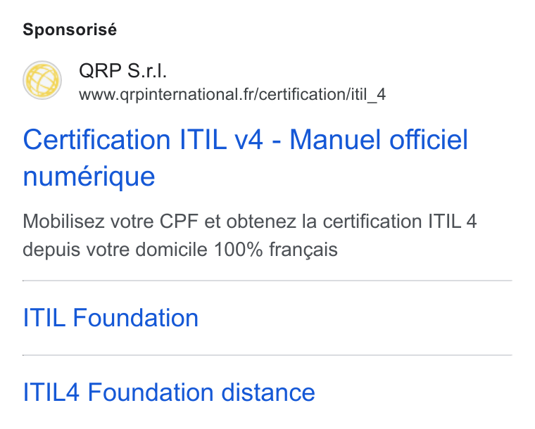 aNewSpring ad on Google Ads: Sponsorisé Certification ITIL v4 - Manuel officiel numérique Mobilisez votre CPF et obtenez la certification ITIL 4 depuis votre domicile 100% frangais ITIL Foundation ITIL4 Foundation distance