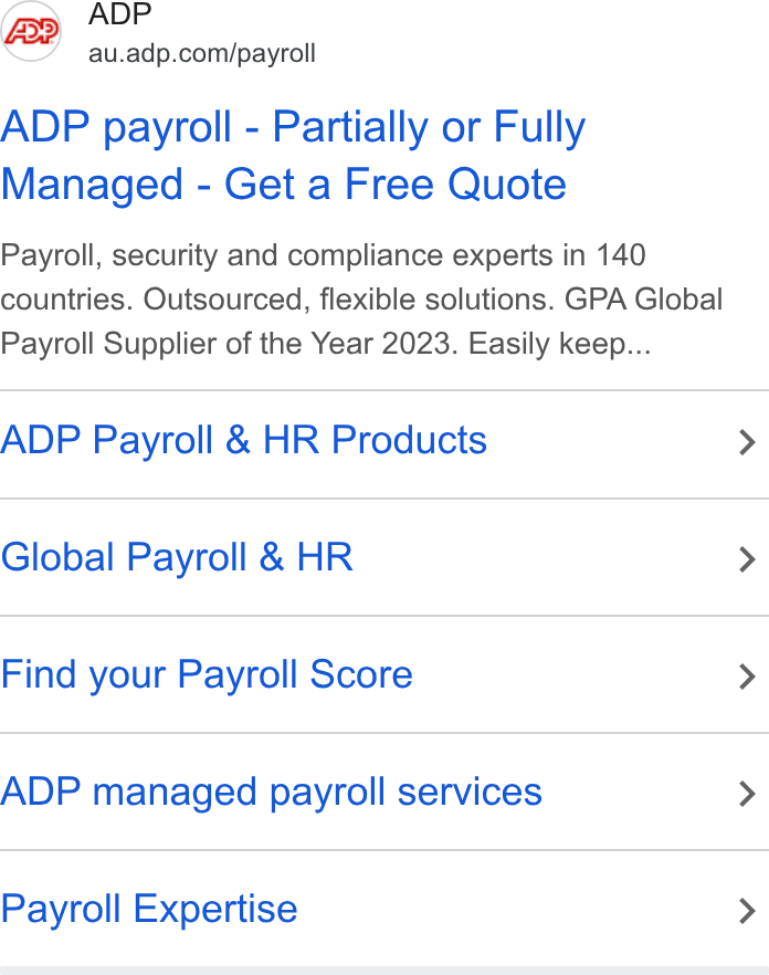 ADP ad on Google Ads: ADP payroll - Partially or Fully Managed - Get a Free Quote Payroll, security and compliance experts in 140 countries. Outsourced, flexible solutions. GPA Global Payroll Supplier of the Year 2023. Easily keep... ADP Payroll & HR Products > Global Payroll & HR > Find your Payroll Score > ADP managed payroll services > Payroll Expertise >