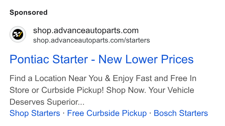 Advance Auto Parts ad on Google Ads: shop.advanceautoparts.com/starters Pontiac Starter - New Lower Prices Find a Location Near You & Enjoy Fast and Free In Store or Curbside Pickup! Shop Now. Your Vehicle Deserves Superior... Shop Starters - Free Curbside Pickup - Bosch Starters