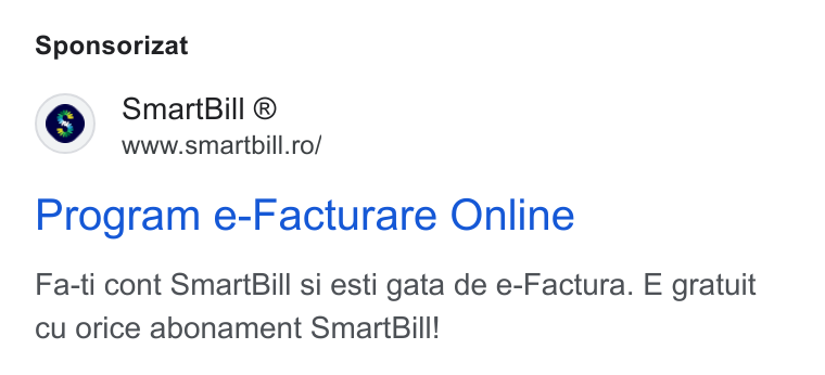 SmartBill ad on Google Ads: Sponsorizat Program e-Facturare Online Fa-ti cont Smart Bill si esti gata de e-Factura. E gratuit cu orice abonament Smart Bill!