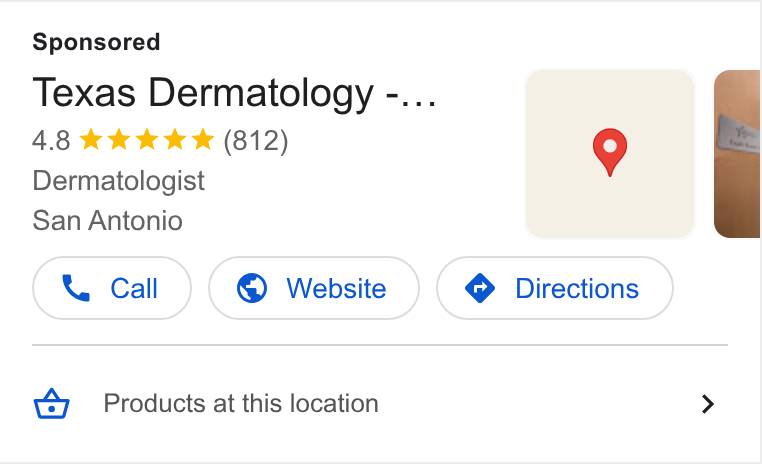 Klara ad on Google Ads: Texas Dermatology -... 4.8 wk k K (812) Dermatologist San Antonio (47 Products at this location >