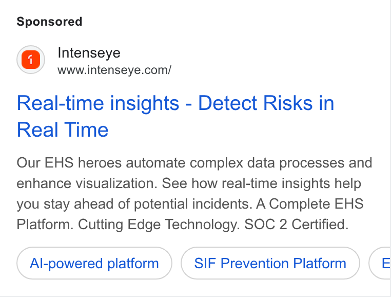 Intenseye ad on Google Ads: Real-time insights - Detect Risks in Real Time Our EHS heroes automate complex data processes and enhance visualization. See how real-time insights help you stay ahead of potential incidents. A Complete EHS Platform. Cutting Edge Technology. SOC 2 Certified. Al-powered platform SIF Prevention Platform