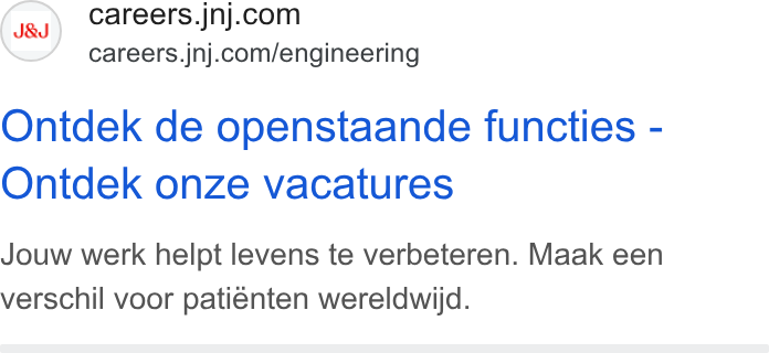 Johnson & Johnson ad on Google Ads: careers.jnj.com/engineering Ontdek de openstaande functies - Ontdek onze vacatures Jouw werk helpt levens te verbeteren. Maak een verschil voor patiénten wereldwijd.