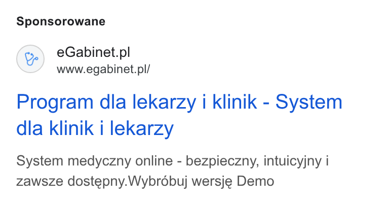 eGabinet ad on Google Ads: Sponsorowane Program dla lekarzy i klinik - System dia klinik i lekarzy System medyczny online - bezpieczny, intuicyjny i zawsze dostepny. Wybrobuj wersje Demo