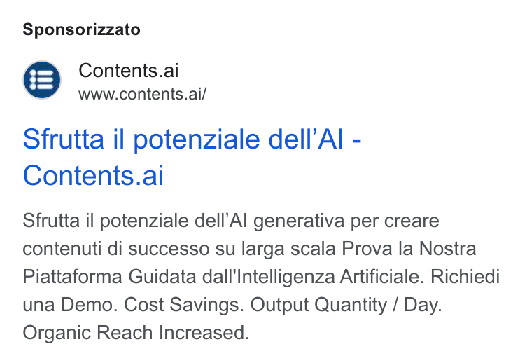 Contents ad on Google Ads: Sponsorizzato Contents.ai www.contents.ai/ Sfrutta il potenziale dell’Al - Contents.ai Sfrutta il potenziale dell’Al generativa per creare contenuti di successo su larga scala Prova la Nostra Piattaforma Guidata dall'Intelligenza Artificiale. Richiedi una Demo. Cost Savings. Output Quantity / Day. Organic Reach Increased.