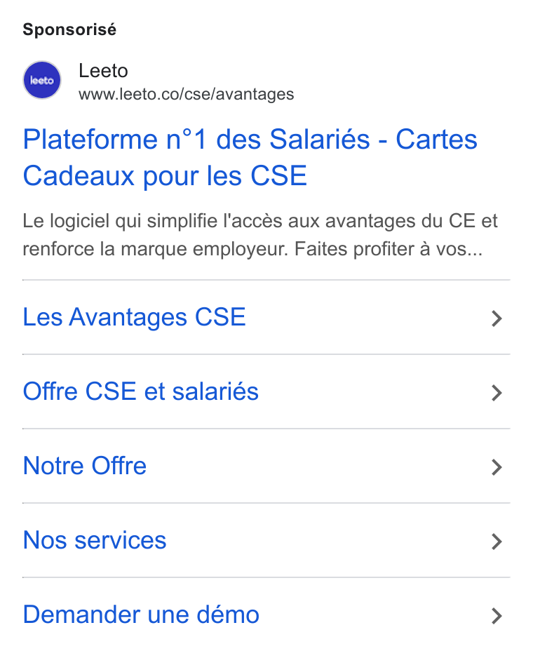 Leeto ad on Google Ads: Sponsorisé Plateforme n°1 des Salariés - Cartes Cadeaux pour les CSE Le logiciel qui simplifie l'accés aux avantages du CE et renforce la marque employeur. Faites profiter a vos... Les Avantages CSE > Offre CSE et salariés > Notre Offre > Nos services > Demander une démo >