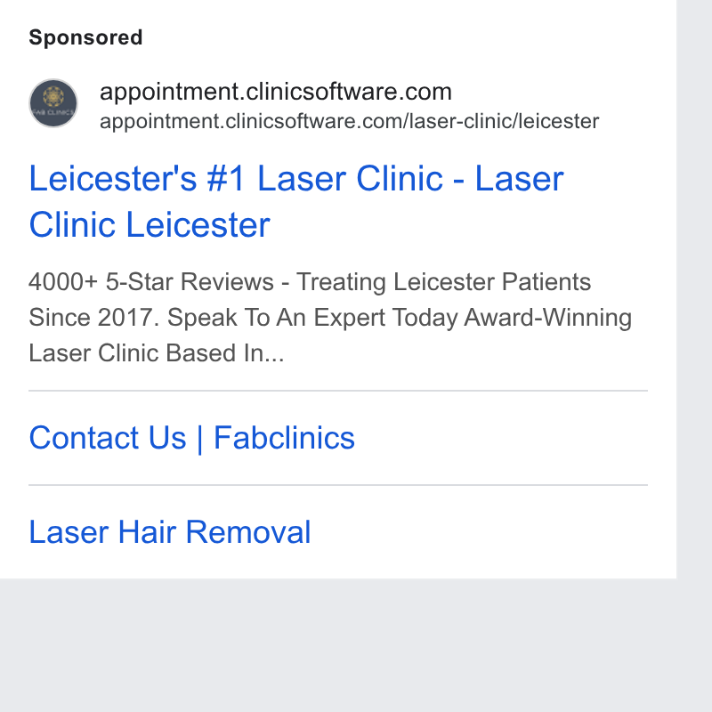 Clinic Software CRM ad on Google Ads: appointment.clinicsoftware.com/laser-clinic/leicester Leicester's #1 Laser Clinic - Laser Clinic Leicester 4000+ 5-Star Reviews - Treating Leicester Patients Since 2017. Speak To An Expert Today Award-Winning Laser Clinic Based In... Contact Us | Fabclinics Laser Hair Removal
