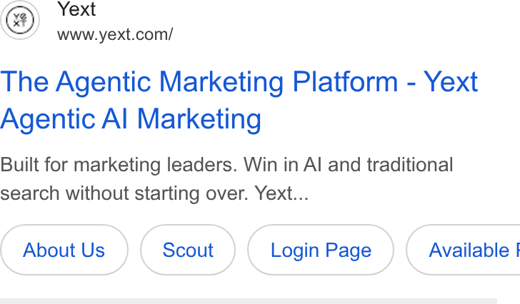 Yext ad on Google Ads: The Agentic Marketing Platform - Yext Agentic Al Marketing Built for marketing leaders. Win in Al and traditional search without starting over. Yext... About Us Login Page }( Available |