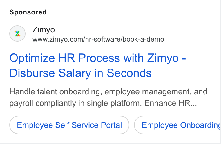 Zimyo ad on Google Ads: Optimize HR Process with Zimyo - Disburse Salary in Seconds Handle talent onboarding, employee management, and payroll compliantly in single platform. Enhance HR... Employee Self Service Portal Employee Onboardinc