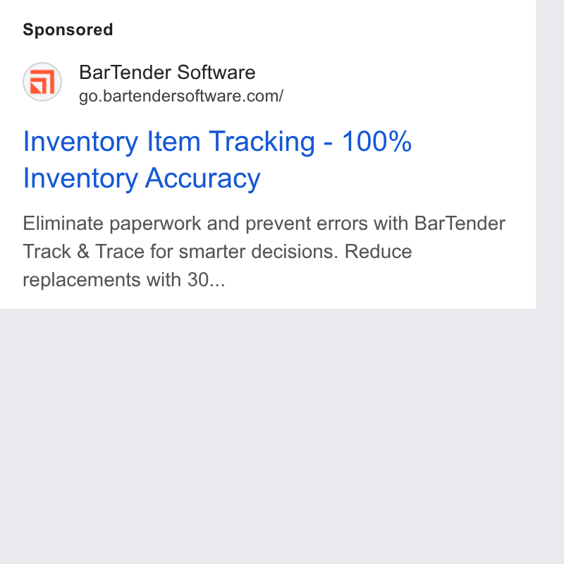 Seagull ad on Google Ads: Inventory Item Tracking - 100% Inventory Accuracy Eliminate paperwork and prevent errors with Bar Tender Track & Trace for smarter decisions. Reduce replacements with 30...