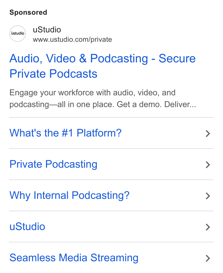 uStudio ad on Google Ads: Audio, Video & Podcasting - Secure Private Podcasts Engage your workforce with audio, video, and podcasting—all in one place. Get a demo. Deliver... What's the #1 Platform? Private Podcasting Why Internal Podcasting? u Studio Seamless Media Streaming