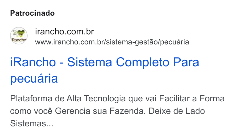 iRancho ad on Google Ads: www.irancho.com.br/sistema-gestao/pecuaria i Rancho - Sistema Completo Para pecuaria Plataforma de Alta Tecnologia que vai Facilitar a Forma como vocé Gerencia sua Fazenda. Deixe de Lado Sistemas...