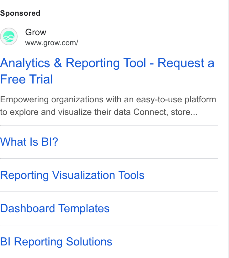 Grow.com ad on Google Ads: Analytics & Reporting Tool - Request a Free Trial Empowering organizations with an easy-to-use platform to explore and visualize their data Connect, store... What Is BI? Reporting Visualization Tools Dashboard Templates BI Reporting Solutions