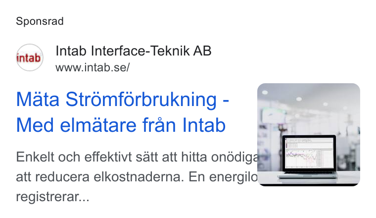 Upsales ad on Google Ads: Sponsrad Mata Stromforbrukning - Med elmatare fran Intab Enkelt och effektivt satt att hitta onddiga att reducera elkostnaderna. En energilo registrerar... a |