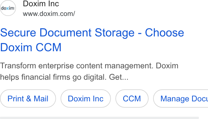 Doxim ad on Google Ads: secure Document Storage - Choose Doxim CCM Transform enterprise content management. Doxim helps financial firms go digital. Get... Print & Mail ( Manage Doct