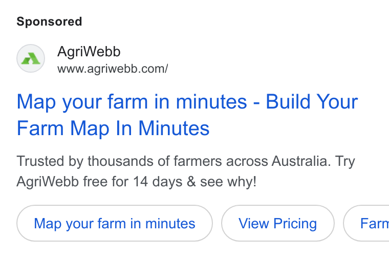 AgriWebb ad on Google Ads: Map your farm in minutes - Build Your Farm Map In Minutes Trusted by thousands of farmers across Australia. Try Agri Webb free for 14 days & see why! Map your farm in minutes ( Farn