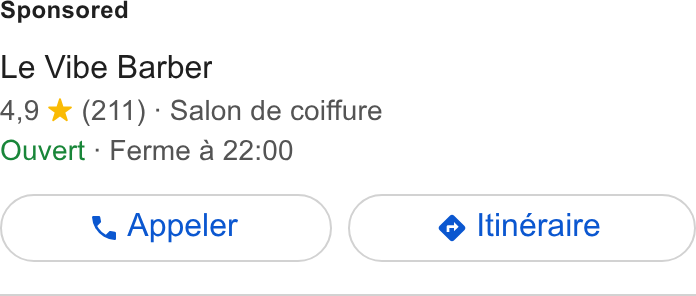 Planity ad on Google Ads: Le Vibe Barber 4,9 * (211) - Salon de coiffure Ouvert - Ferme a 22:00