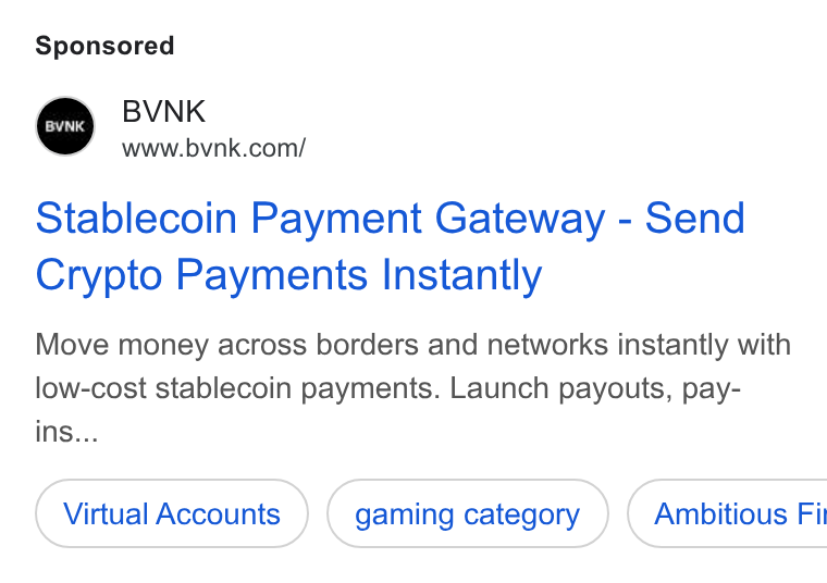 BVNK ad on Google Ads: Stablecoin Payment Gateway - Send Crypto Payments Instantly Move money across borders and networks instantly with low-cost stablecoin payments. Launch payouts, pay- ins... Virtual Accounts gaming category } ( Ambitious Fi